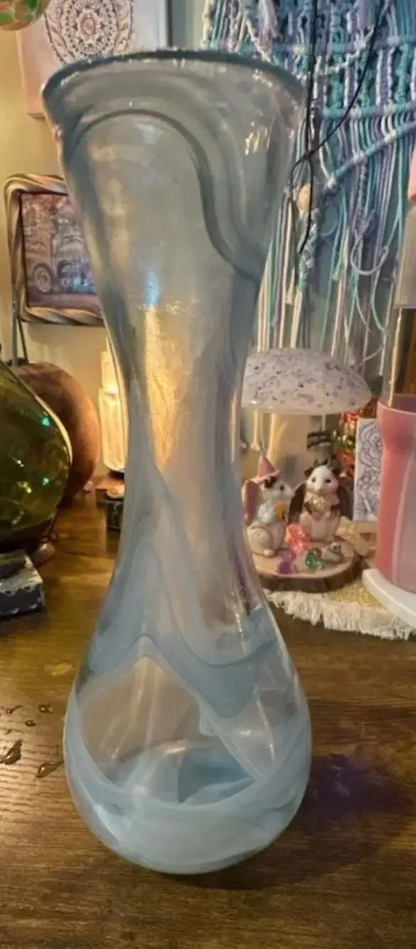 AKCAM Handmade Turkish Art Glass Vase with Blue and White Swirls